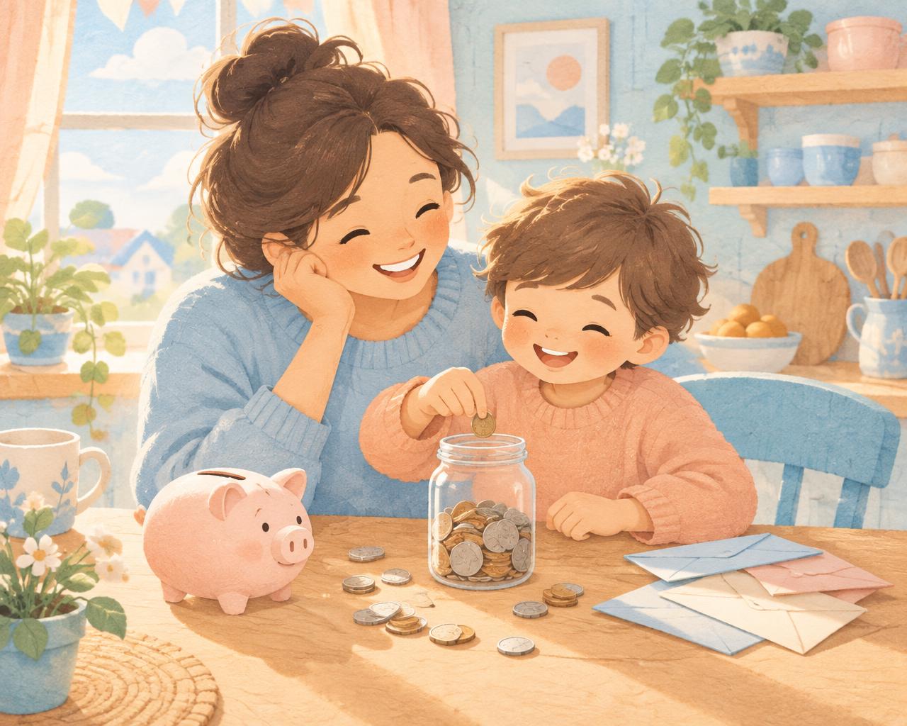 Parent and child saving coins in a jar